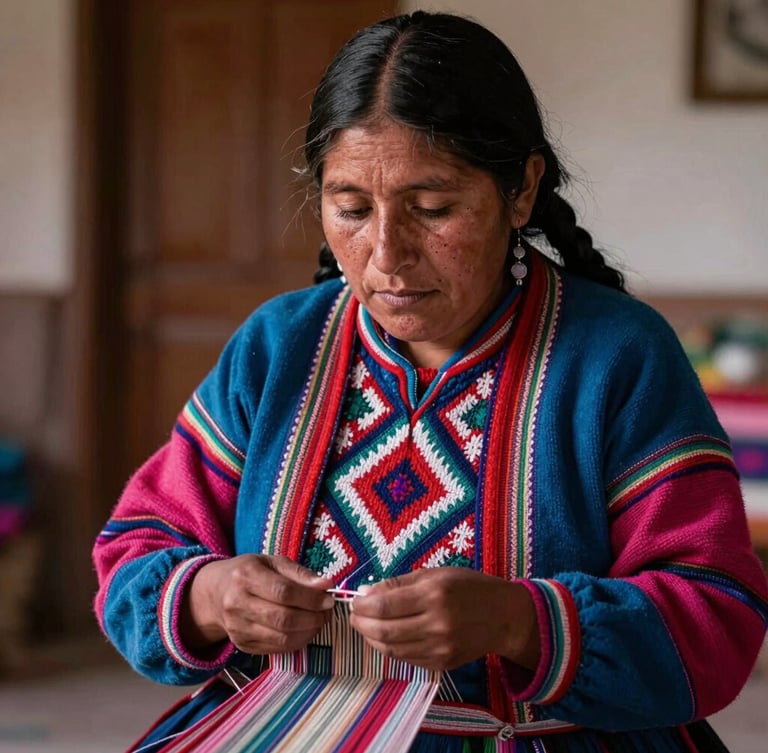 Cinematic portrait of a Bolivian weaver in Tarabuco, focusing on the intricate geometric patterns of her handwoven lliclla, warm natural side-light, shallow depth of field.