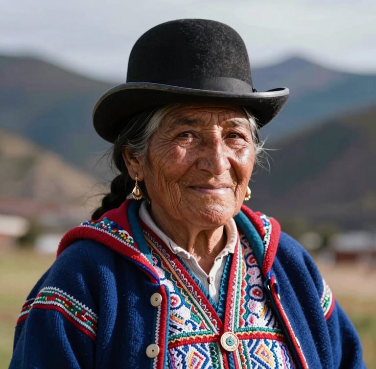 Cinematic portrait of an elderly Bolivian woman in traditional pollera and bowler hat, smiling warmly, soft Andes mountain light in the background, high contrast.
