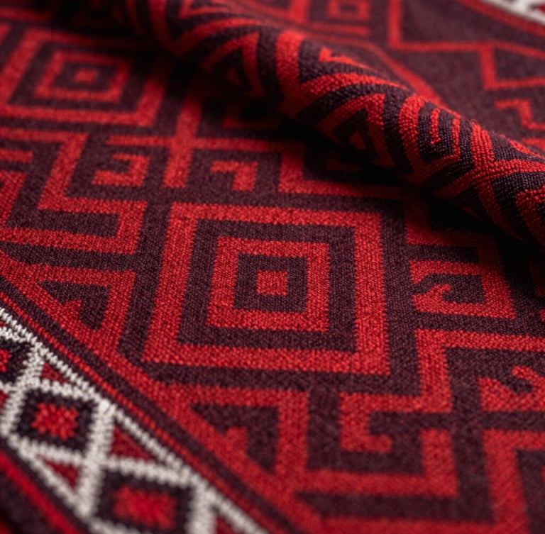 Primer plano detallado de textiles andinos tradicionales con patrones geométricos en tonos rojos y vino, texturas de lana tejida a mano.