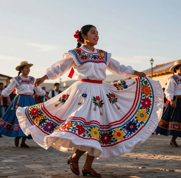 Cinematic wide shot of a traditional Bolivian dancer spinning in a vibrant, embroidered pollera during the Oruro Carnival, golden hour light highlighting the detailed textures.