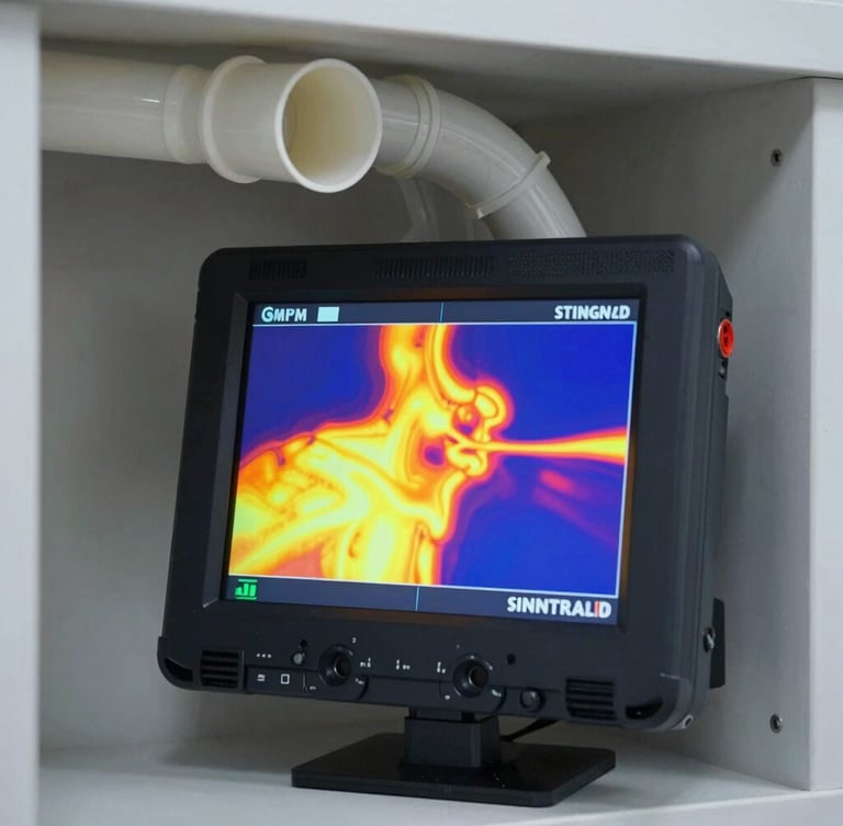 A close-up shot of a professional thermal imaging screen displaying high-contrast heat signatures of modern PVC conduit pipes inside a clean utility wall, cool bright lighting, sharp focus on technical instrumentation.