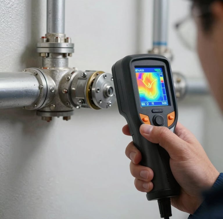 Close-up sharp macro shot of a technician holding a professional thermal imaging camera displaying a vivid heat map of a pipe junction behind a wall, cool bright lighting, technical-industrial precision.