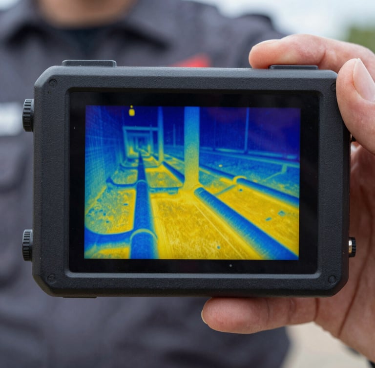 Close-up macro shot of a rugged thermal imaging camera screen displaying high-contrast heat signatures of subsurface pipes, cool blue and bright yellow thermal gradients, held by a technician in a dark gray uniform, clean daylight.