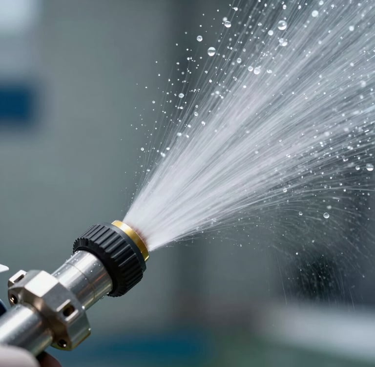 Macro shot of a high-pressure water jetting nozzle emitting a clean, high-velocity stream of water inside a transparent test pipe, sharp focus on water droplets, cool bright lighting.