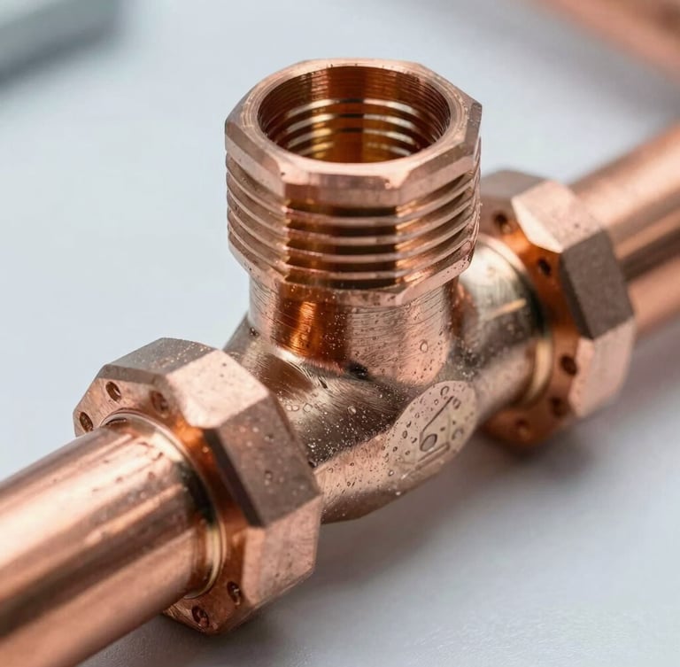 Macro shot of a pristine, modern copper pipe junction with clean fittings, bright cool lighting, high-contrast technical detail
