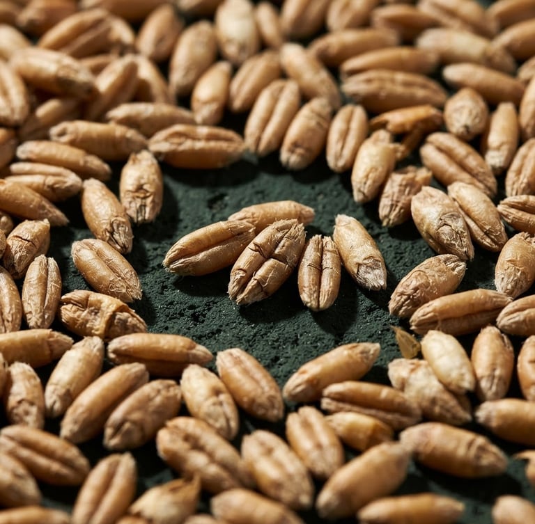 Extreme macro close-up of raw spelt grains on a deep forest green concrete slab, sharp architectural shadows, high-contrast studio lighting, 50mm lens