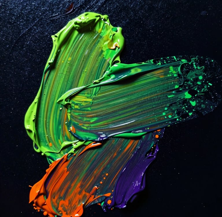 Extreme close-up of thick oil paint texture on canvas, deep black background with vibrant neon green and orange brush strokes, dramatic low-key studio lighting, 35mm art photography.