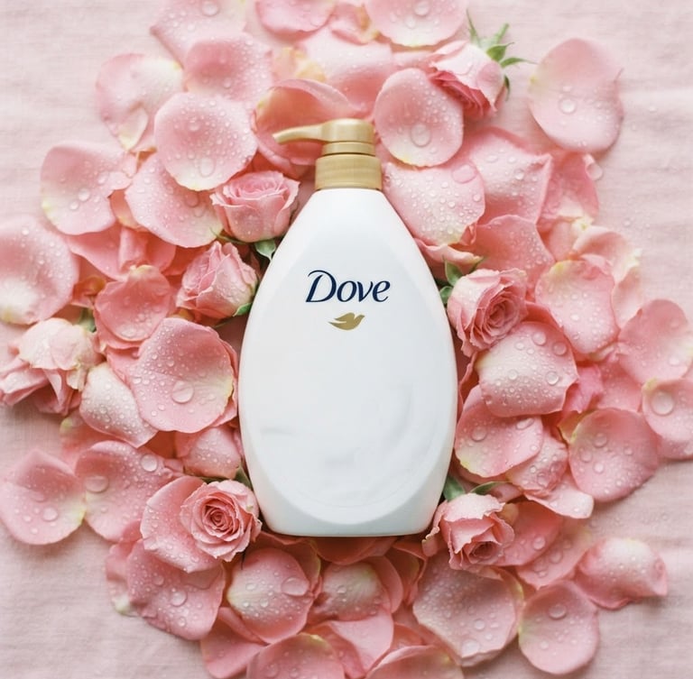 Elegant close-up flat lay of a white Dove body wash bottle nestled among soft pink rose petals and delicate water droplets, bright diffused natural light, pastel pink background, 35mm photography