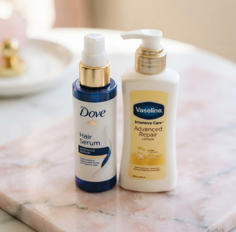 Close-up macro shot of Dove hair serum and Vaseline recovery lotion bottles on a soft pink marble surface, bright diffused natural light, 35mm