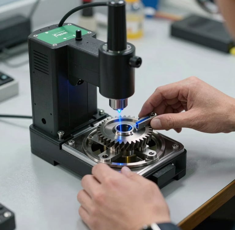 Hands operating a 3D Maker Pro Mole scanner on a complex mechanical metal gear, blue laser projection lines visible, clean workshop workbench, 35mm