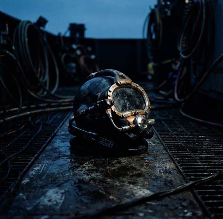 Dramatic low-key cinematic film photograph of a commercial diver helmet resting on a steel deck, cool blue ambient light, high-contrast key light on metallic details