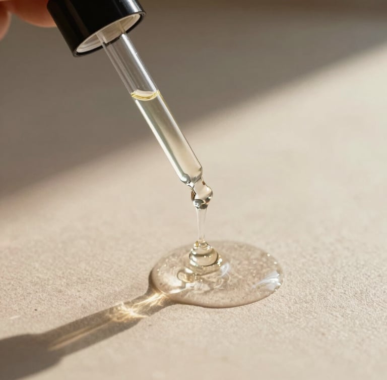 Close-up of clean glass bottle with pipette dripping clear face oil onto a textured beige surface, soft morning light, elegant shadows.