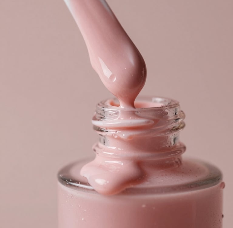 Extreme close-up of textured pink vegan face cream dripping slowly down a minimalist glass bottle, soft morning light, dewy background