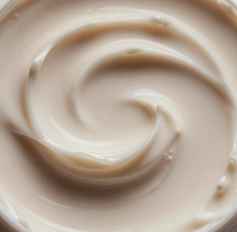 Extreme close-up macro photography of a luxurious, thick vegan face cream texture, organic swirls under soft, diffused morning sunlight, warm neutral tones