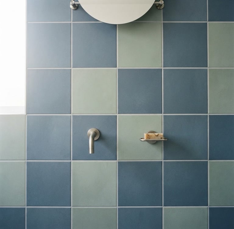 Symmetrical architectural close-up of perfectly aligned large-format ceramic tiles in a modern bathroom, sharp grout lines, bright natural daylight, 35mm