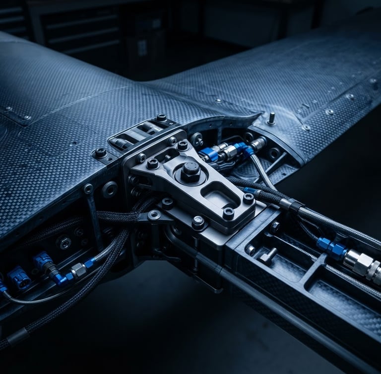 Macro close-up of a carbon-fiber unmanned aircraft wing joint, high-fidelity aerospace schematics overlaid, cool high-contrast studio lighting, sharp shadows, crisp blue accents