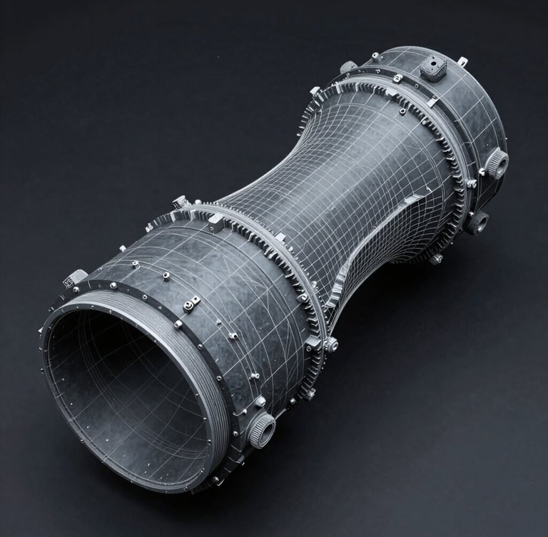 High-fidelity CAD model of an aerospace propulsion system on a dark background, cool studio lighting, crisp white wireframe lines, slate gray tones