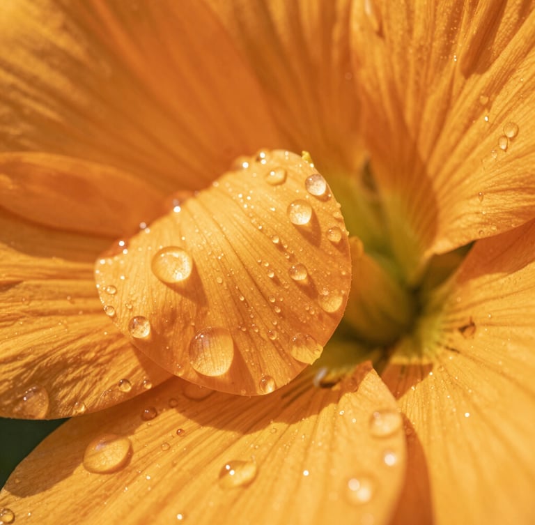 Macro close-up of vibrant orange botanical petals with glistening morning dew, high-key natural sunlight, sharp focus, 35mm lens