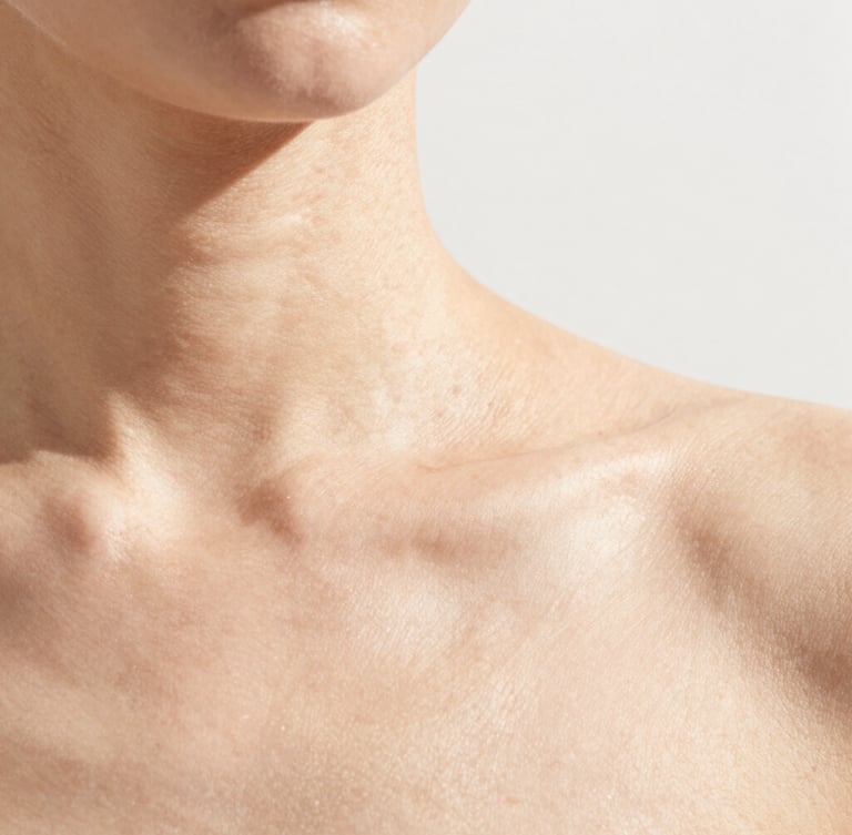 Minimalist editorial photo of clean skin with natural texture under bright, high-key natural sunlight, sharp shadows, 35mm lens