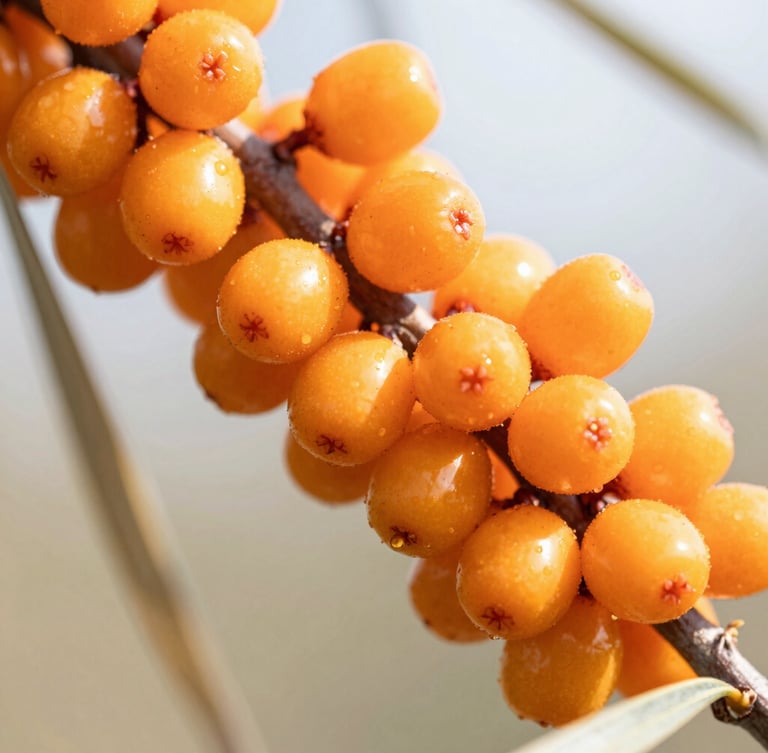 Macro close-up of vibrant orange sea buckthorn berries on a branch, bright high-key natural sunlight, sharp focus, 35mm lens
