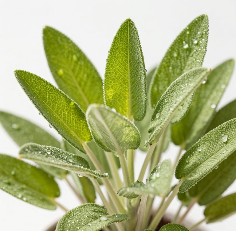 Bright editorial photography of fresh green sagebrush leaves glistening with dew drops, sun-drenched warm highlights, clean white background, macro detail