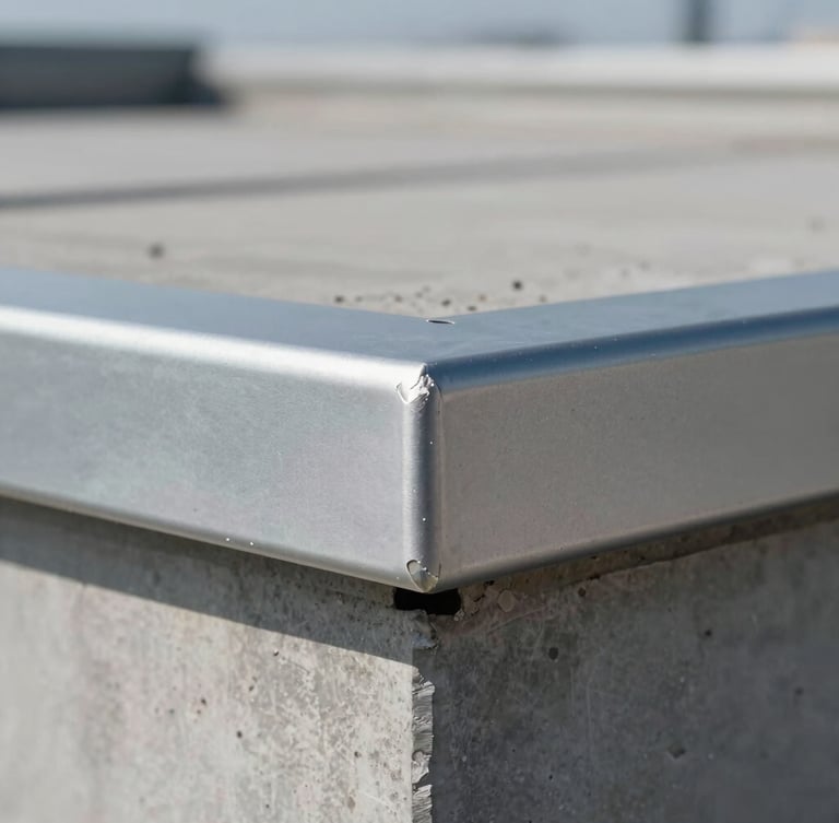 Macro close-up of a seamless aluminum corner joint, perfectly flush with a modern concrete roof under bright natural daylight, highlighting the matte anodized texture.