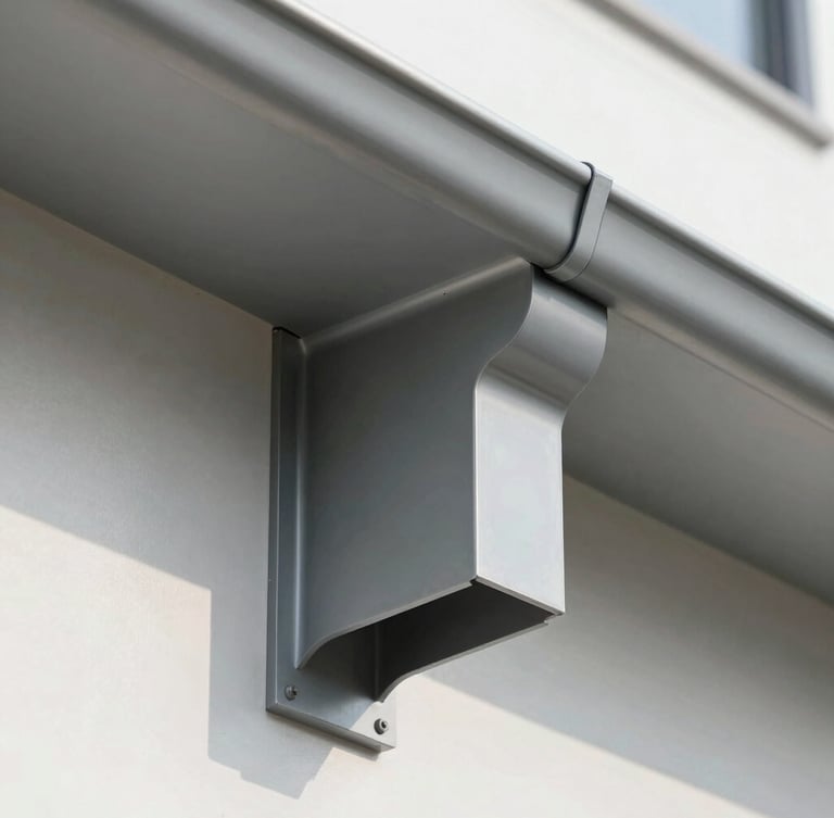 Macro shot of a seamless aluminum gutter corner joint, flawless matte gray finish, flush against a white modern facade, bright natural daylight