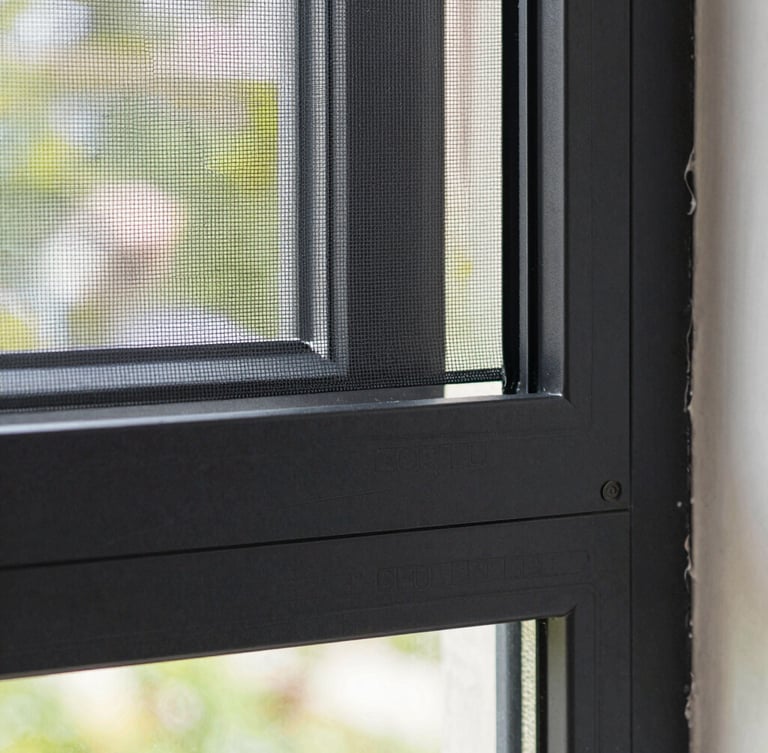 Close-up architectural detail of a matte black aluminum sliding window frame with a perfectly integrated micro-mesh mosquito screen, bright natural daylight.