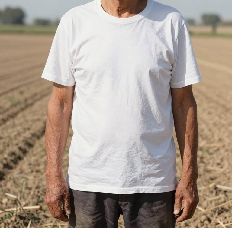 Authentic, unposed portrait of an elderly farmer with weathered hands standing in a sunlit field, hard direct natural sunlight, sharp shadows.