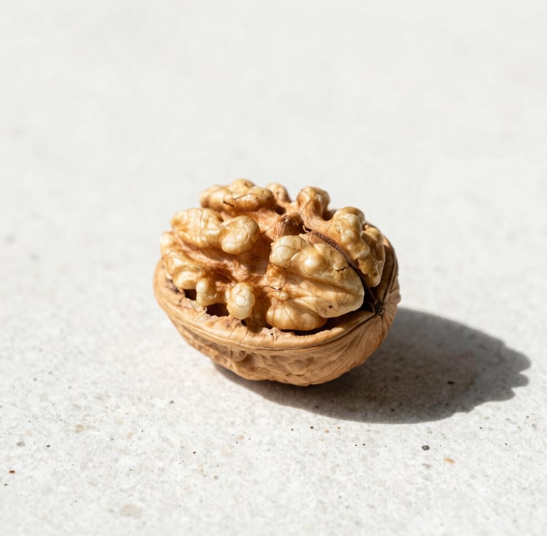 Extreme close-up of a single cracked walnut on a textured white stone surface, harsh direct sunlight, sharp shadows, raw earth tones