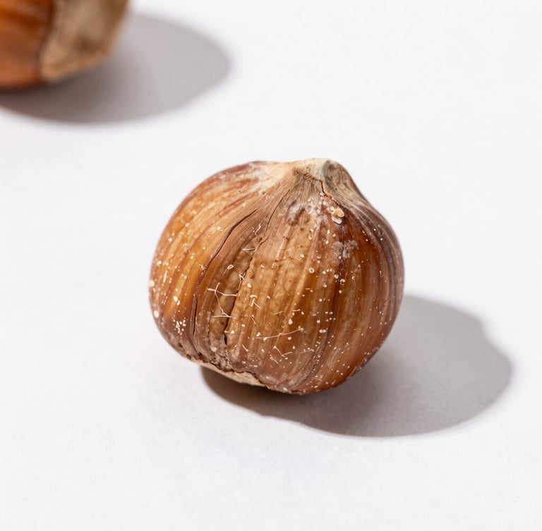 Extreme macro close-up of a single cracked hazelnut on a stark white background, hard direct natural sunlight, sharp honest shadows.