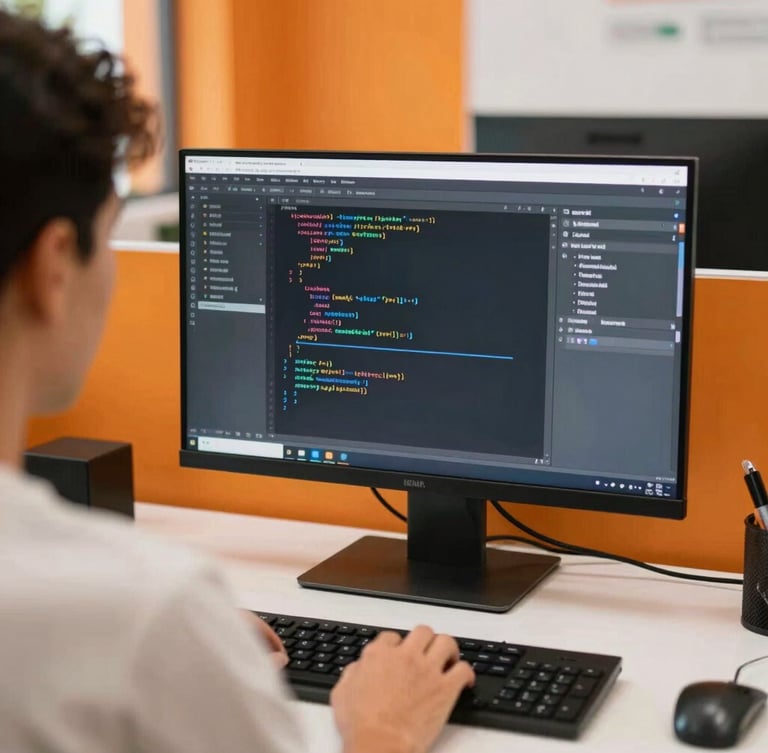 Over-the-shoulder view of a clean workspace in Veracruz, bright daylight, a code editor open on a screen showing structured syntax, warm orange accents in the background, 35mm
