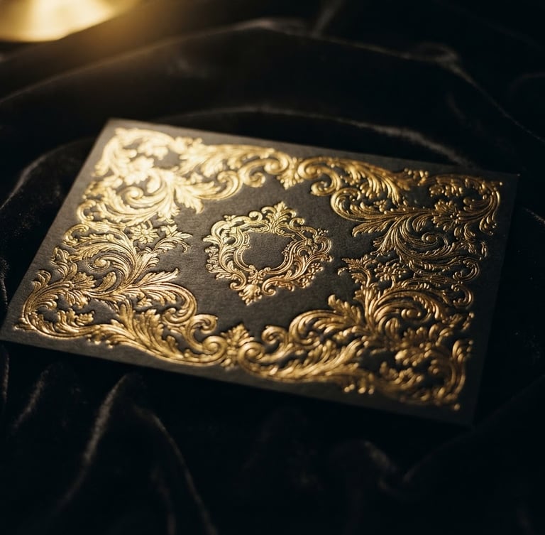 Low-key moody close-up of a gold-embossed physical invitation card resting on dark charcoal velvet, dramatic warm golden highlights, deep black shadows, luxury editorial style, 35mm film