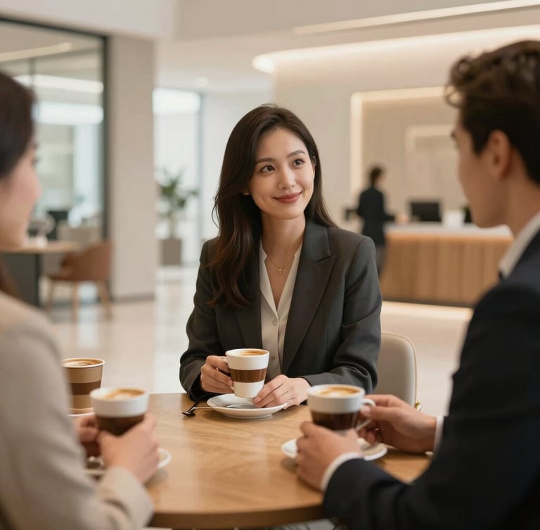 A professional meeting in a modern corporate lobby, people holding elegant coffee cups, soft natural light, clean minimalist architecture, warm tones