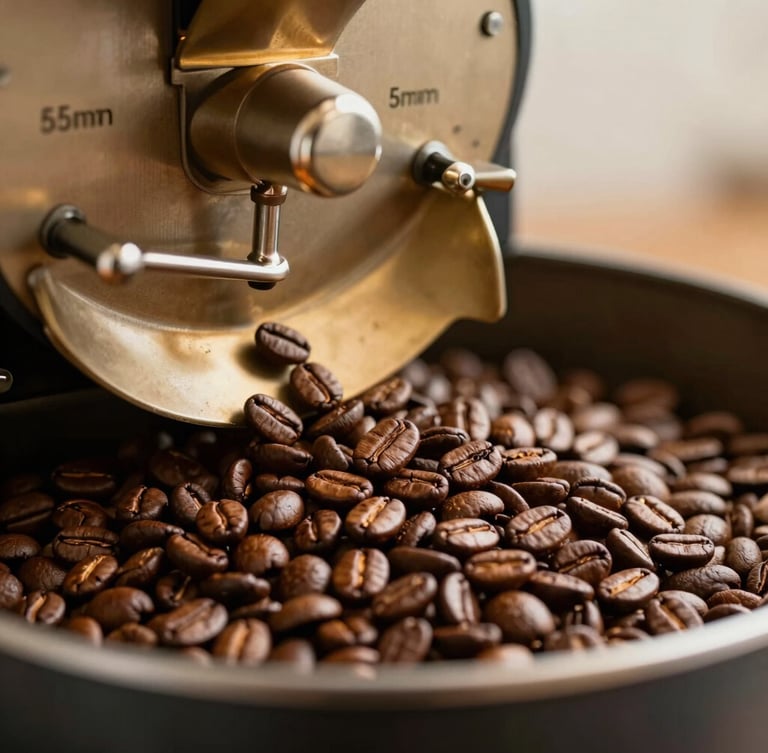 Close-up of roasted coffee beans spilling from a professional roaster, rich brown textures, warm golden lighting, 35mm