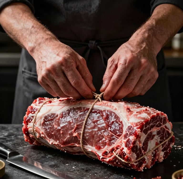 Tactile close-up of butcher hands in a dark apron tying a raw beef roast with natural twine, side-lit, high contrast, professional kitchen background with steel knives