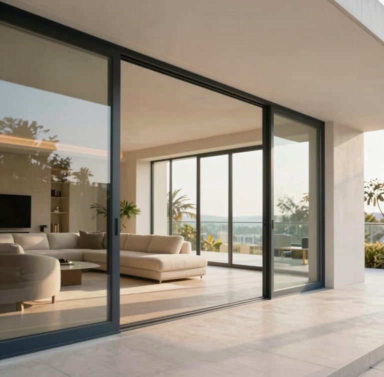 Interior of a modern luxury condominium with floor-to-ceiling glass, showing an expansive living area opening to a deep lanai, soft natural daylight, minimal interiors, architectural details, warm editorial photography