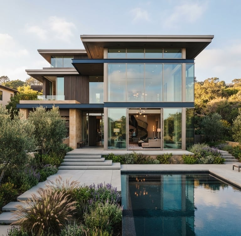 Elegant, low-angle architectural elevation of a modern luxury residence, floor-to-ceiling glass, natural daylight, soft shadows, warm editorial photography.