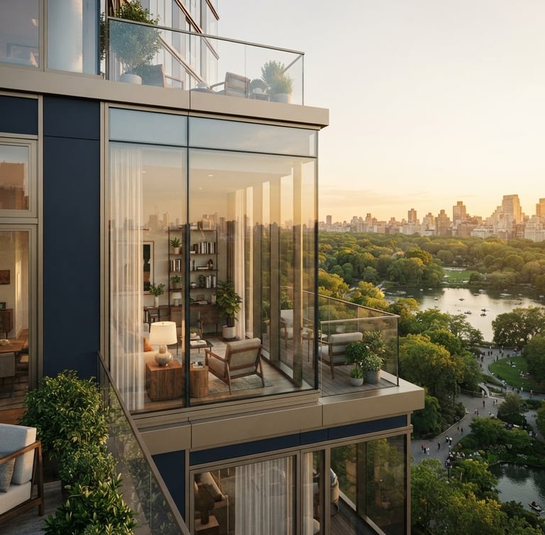 Sleek, modern high-rise residential building rendering with floor-to-ceiling glass, overlooking a lush green park, golden hour light, architectural lens, shallow depth of field.