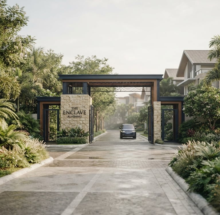 Wide shot of The Enclave Alabang's lush entry gates, modern architectural style, soft natural daylight, warm editorial photography, muted champagne and navy tones, architectural lens.