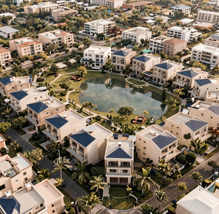 Aerial view of The Enclave Alabang, showing lush eco-parks, private lagoons, and spacious residential lots, soft natural daylight, warm editorial photography, muted champagne and navy tones, architectural lens.