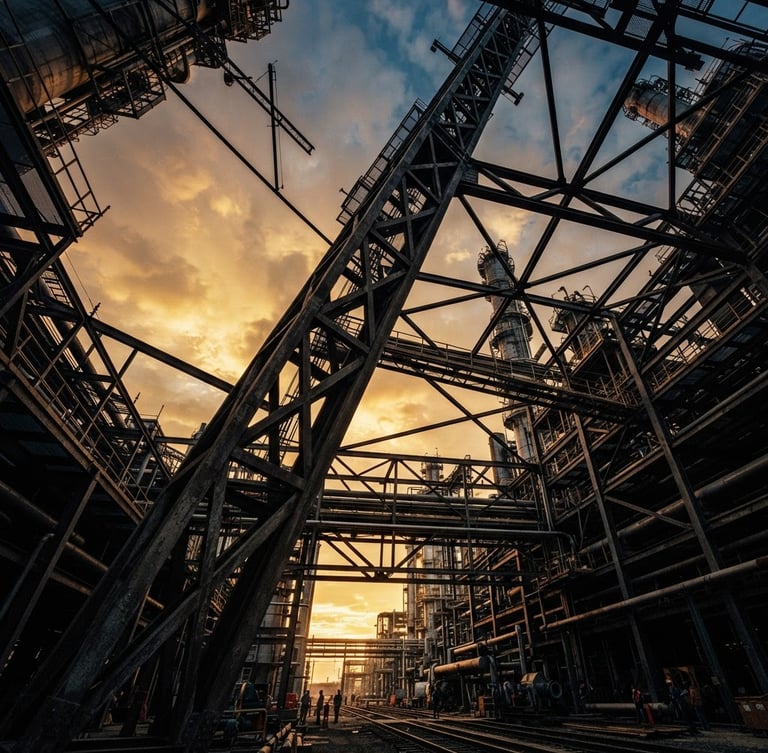 Wide panoramic industrial site at dawn, low-angle shot of structural steel girders reaching into the sky, high-contrast, desaturated steel and amber tones, 35mm