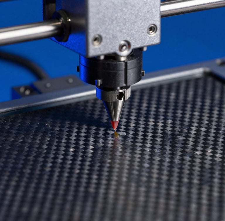 Extreme macro close-up of a 3D printer nozzle depositing a precise layer of carbon-fiber filament under sharp blue studio lighting, high contrast, technical texture.