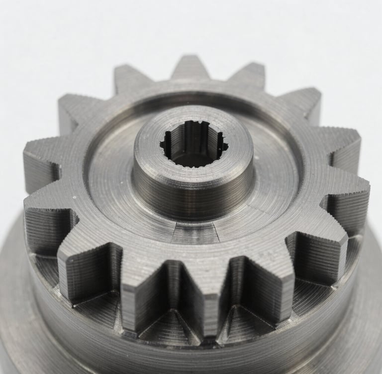 Macro photograph of a finished technical 3D printed mechanical gear, showing clean surface finish and precise layer lines, cool metallic tones, high-contrast studio lighting