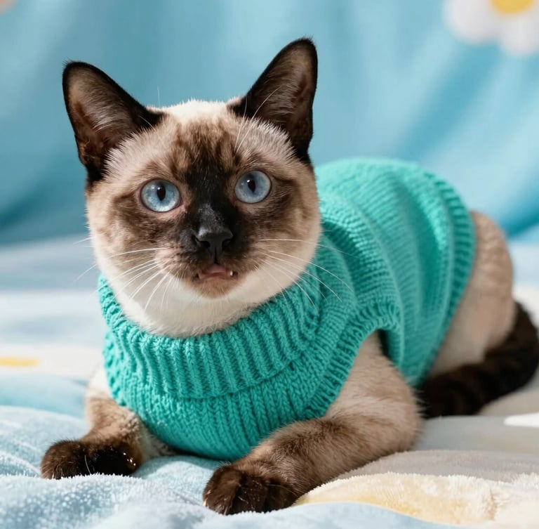 vibrant editorial pet photography, close-up eye-level shot of a happy Siamese cat wearing a perfectly fitted custom teal knit sweater, resting comfortably on a soft blanket, bright natural daylight, crisp textile detail, 50mm