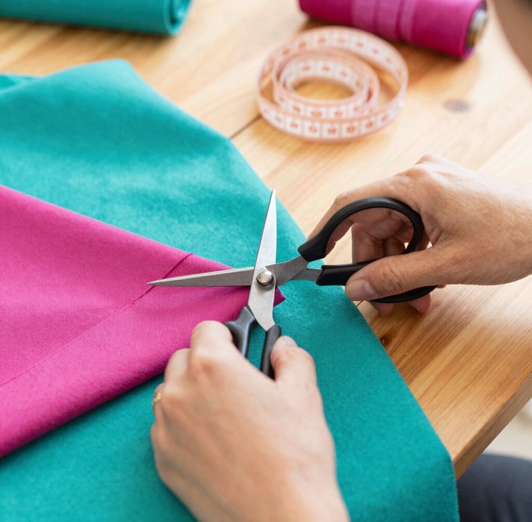 Close-up of hands carefully cutting colorful teal and magenta fabrics with metal scissors on a wooden table, soft measuring tape nearby, warm workshop light
