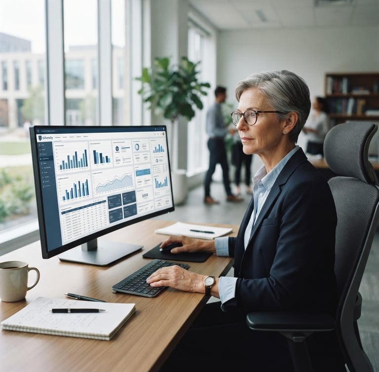 Medium close-up of an academic administrator analyzing clean dashboard interfaces on a large monitor, cool natural office daylight, sharp focus, 35mm lens