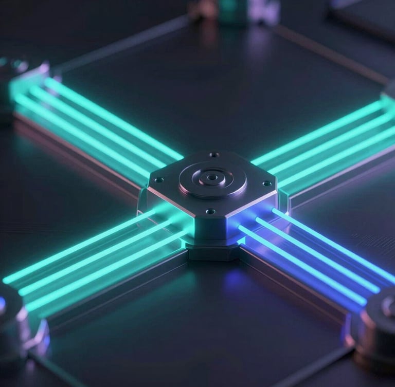High-fidelity abstract 3D visualization of a secure cryptographic ledger node, glowing neon cyan and ultraviolet light paths reflecting on dark metallic surfaces, architectural view, dark mode terminal aesthetic