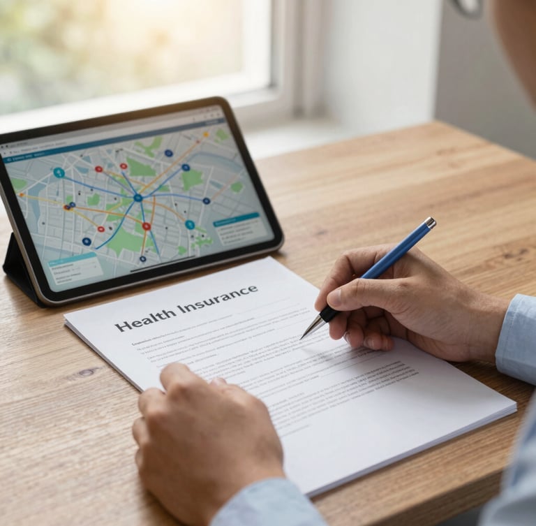 Close-up of hands reviewing a health insurance contract on a wooden table next to a tablet showing a hospital network map, warm morning window light, professional corporate editorial style.