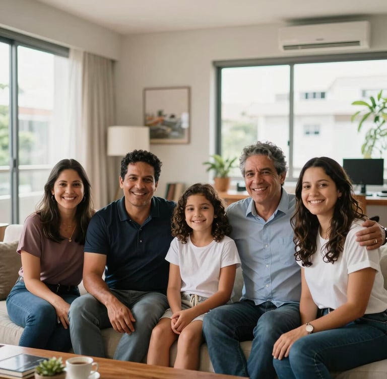 A warm, natural light photograph of a Brazilian family sitting together in a modern apartment living room in São Paulo, smiling authentically, shallow depth of field, professional editorial style.